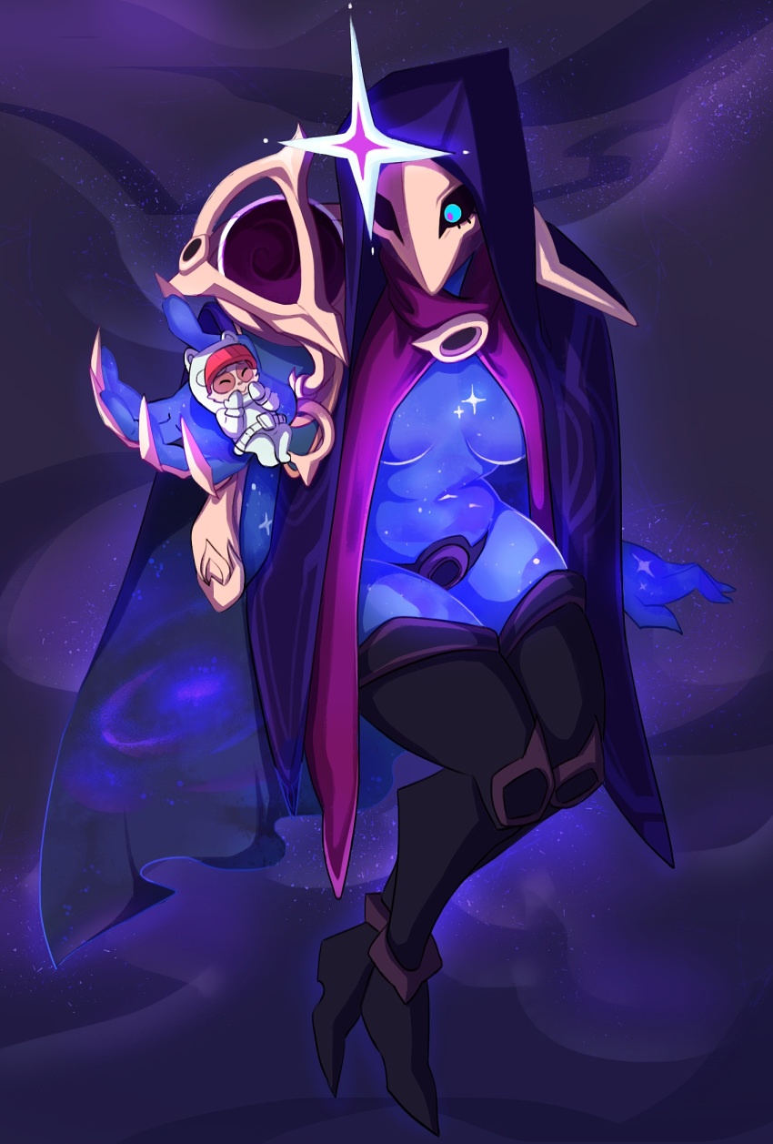 1boy, 1girl, artist_name, astronaut, astronaut_helmet, blue_eyes, breasts, claws, commission, costume, dark_star_jhin, highres, hood, hood_up, jhin, league_of_legends, looking_at_another, open_eyes, pacha_(pachastuff), shiny, shiny_skin, smile, smiley_face, star, teemo, thigh-highs