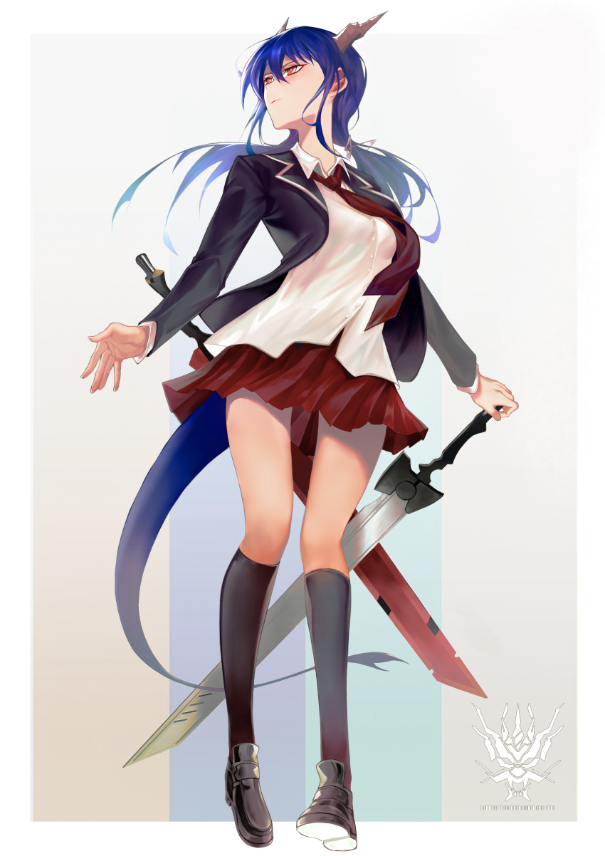 1girl, absurdres, alternate_costume, arknights, black_footwear, black_jacket, black_legwear, blazer, blue_hair, breasts, ch'en_(arknights), closed_mouth, collared_shirt, commentary, dragon_horns, dragon_tail, full_body, hair_between_eyes, hand_on_hilt, highres, horns, jacket, kneehighs, long_hair, long_sleeves, lungmen_logo, medium_breasts, miniskirt, necktie, open_clothes, open_jacket, orange_eyes, pleated_skirt, red_neckwear, red_skirt, school_uniform, shidai, shirt, shoes, simple_background, skirt, solo, sword, tail, thighs, twintails, uniform, weapon, white_background, white_shirt, wing_collar