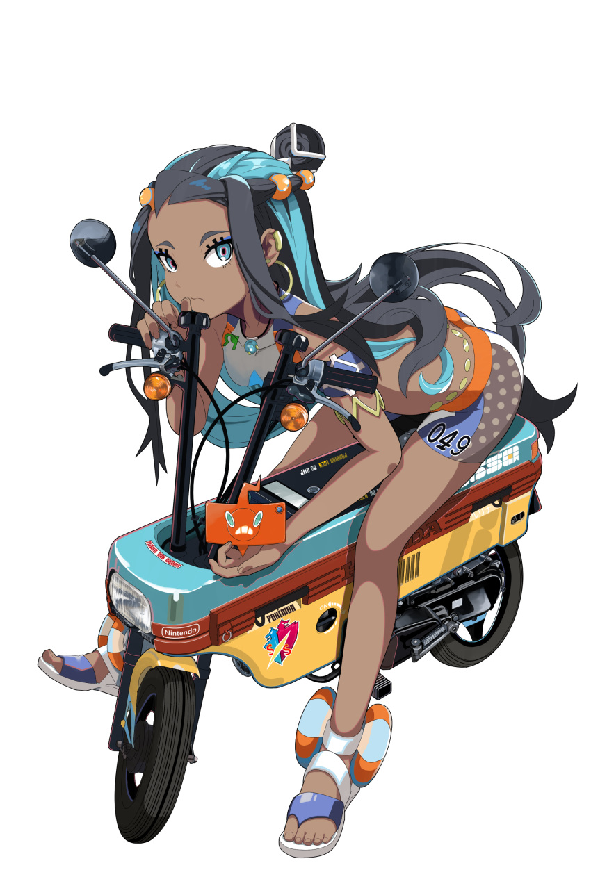 1girl, absurdres, armlet, bare_shoulders, belly_chain, black_hair, blue_eyes, blue_eyeshadow