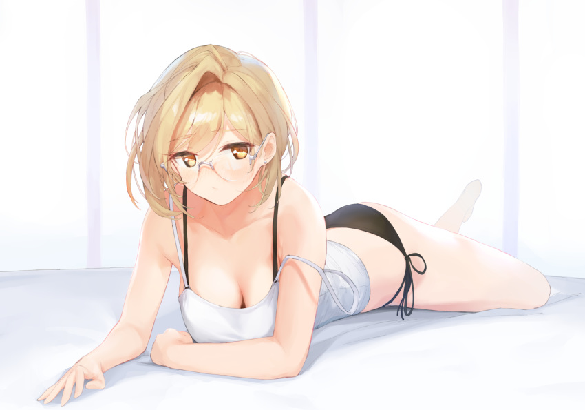 alternate_costume, arm_support, black_bra, black_panties, blush, bra, breasts, djeeta_(granblue_fantasy)