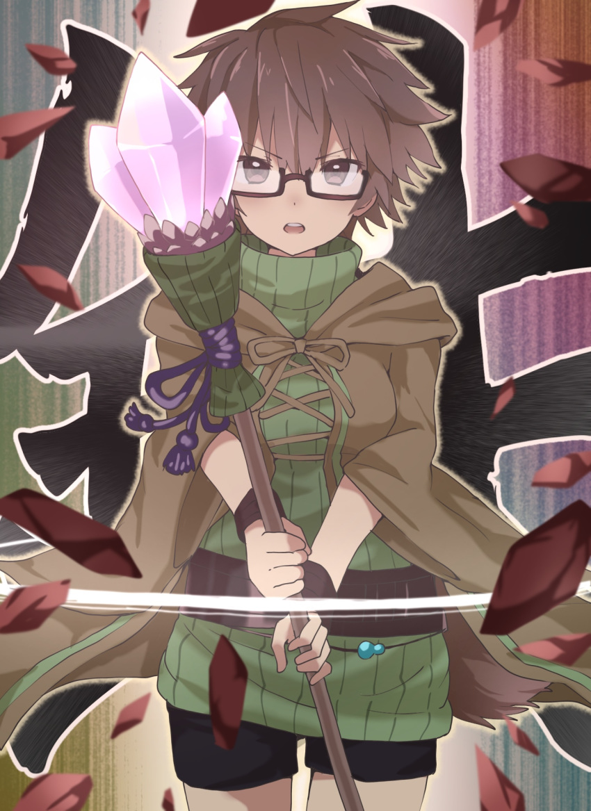 1girl, aussa, bangs, black_shorts, brown-framed_eyewear, brown_eyes, brown_hair, brown_robe