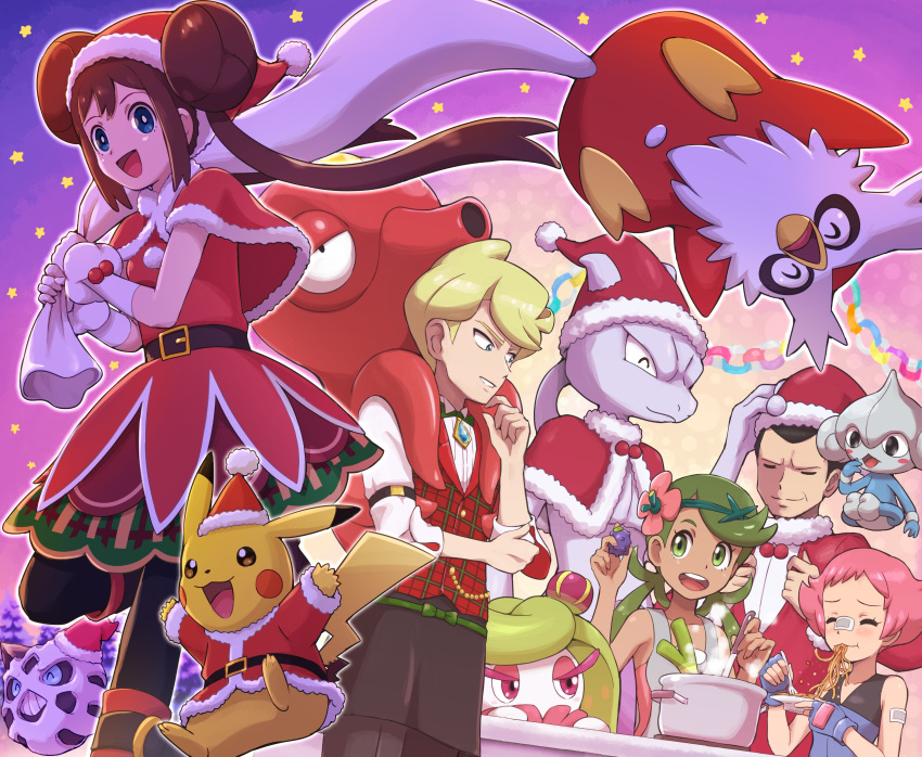 2boys, 3girls, absurdres, black_hair, blonde_hair, blue_eyes, brown_hair, delibird