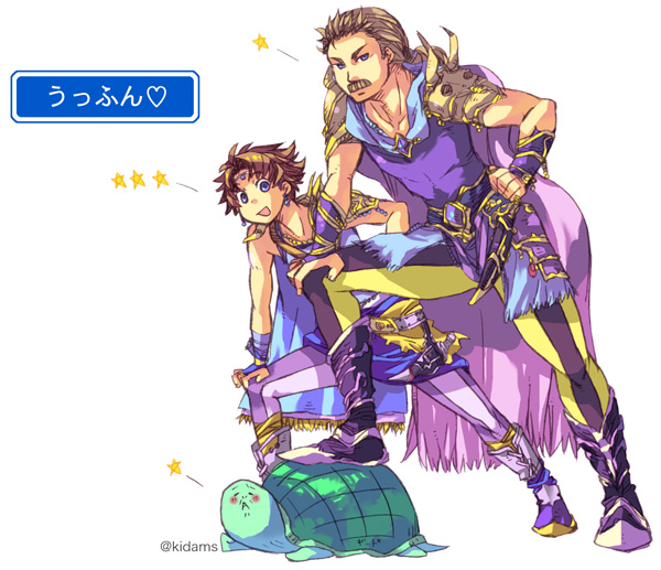 2boys, arm_guards, belt, blue_eyes, blush, boots, brown_hair, butz_klauser