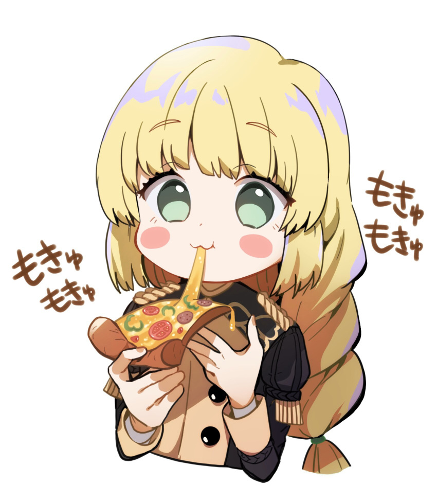 1girl, blonde_hair, blush_stickers, eating, fire_emblem, fire_emblem:_three_houses, food, garreg_mach_monastery_uniform