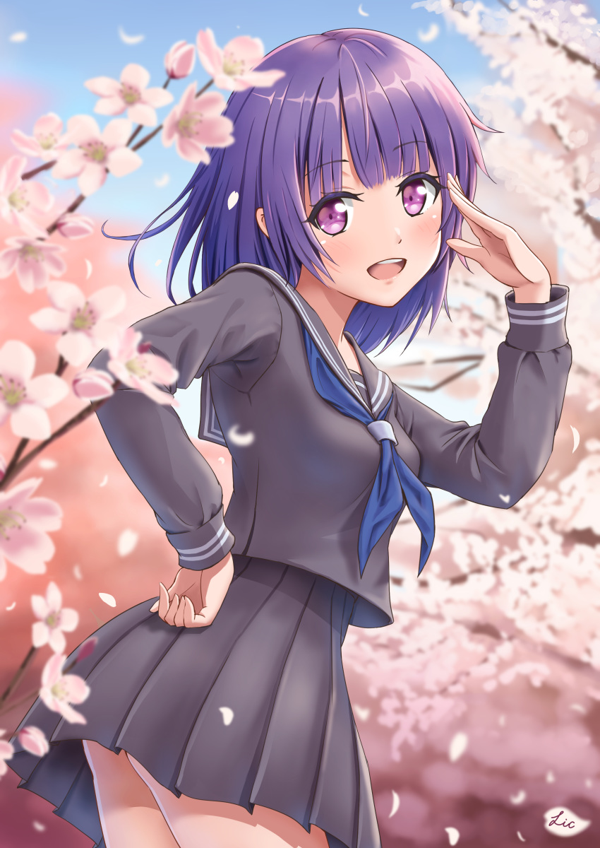 1girl, absurdres, ass, bangs, black_skirt, blue_hair, blurry, blurry_background, breasts, cherry_blossoms, commentary_request, day, eyebrows_visible_through_hair, highres, long_hair, long_sleeves, looking_at_viewer, open_mouth, original, outdoors, pleated_skirt, rikku_(licloud28), school_uniform, serafuku, skirt, small_breasts, smile, solo, upper_teeth, violet_eyes