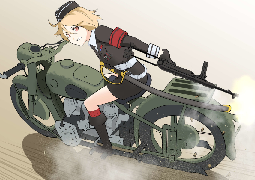 1girl, amehashi_(vdde3724), armband, blonde_hair, firing, girls_frontline, ground_vehicle, gun