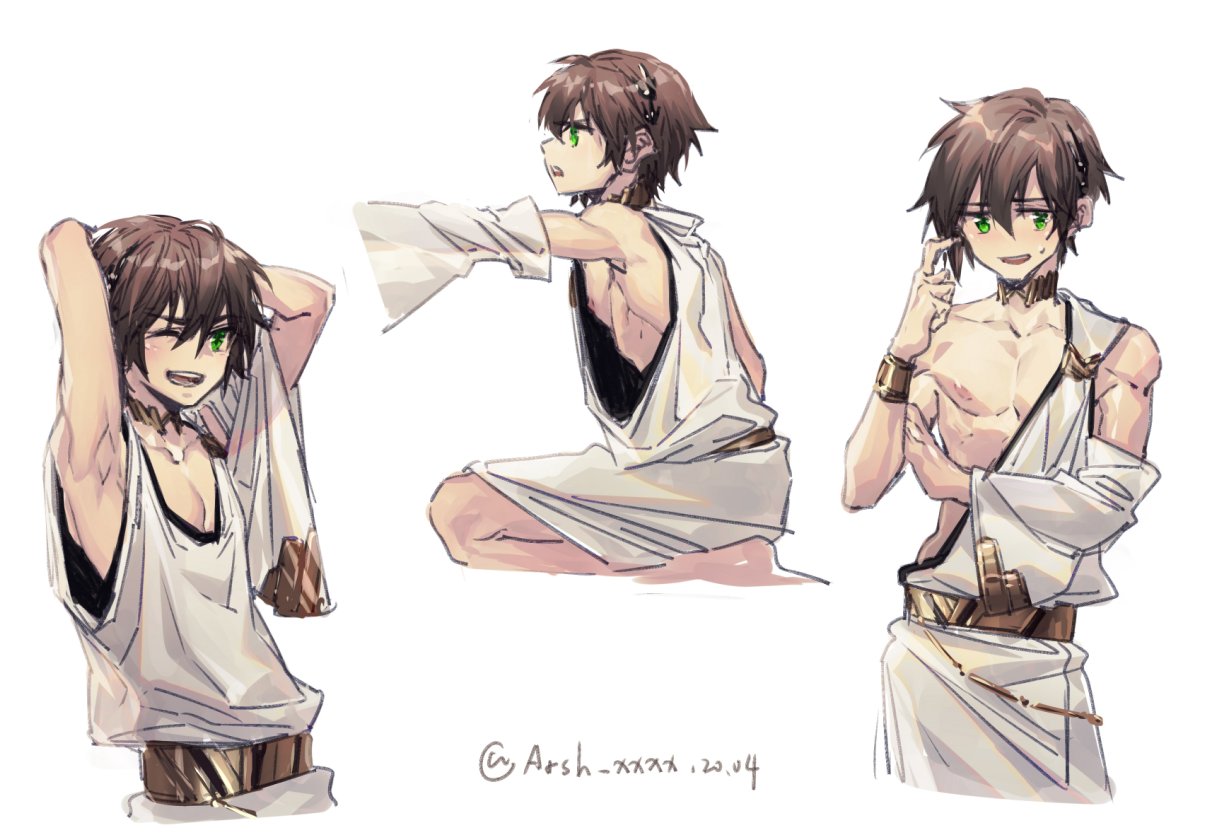 1boy, arms_behind_head, arsh_(thestarwish), breasts, brown_hair, fate/grand_order, fate_(series), green_eyes