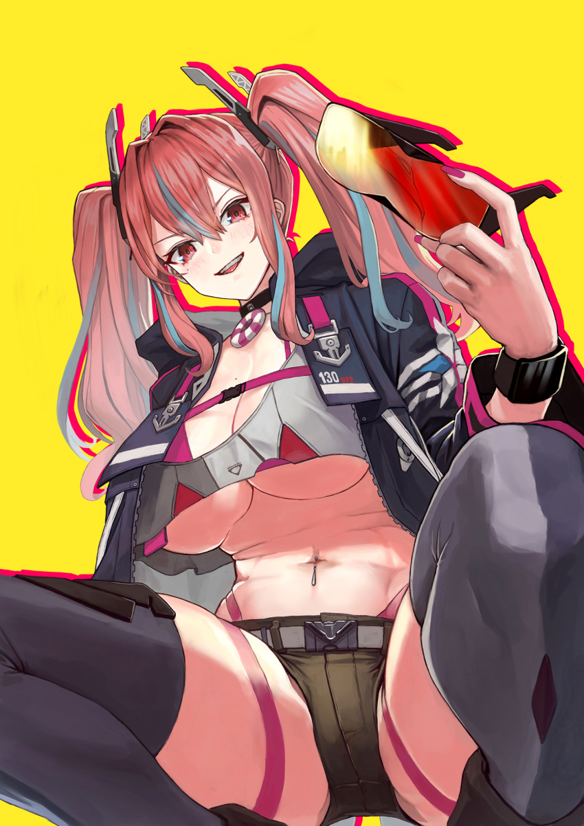 1girl, azur_lane, black_choker, black_legwear, breasts, bremerton_(azur_lane), choker, green_shorts