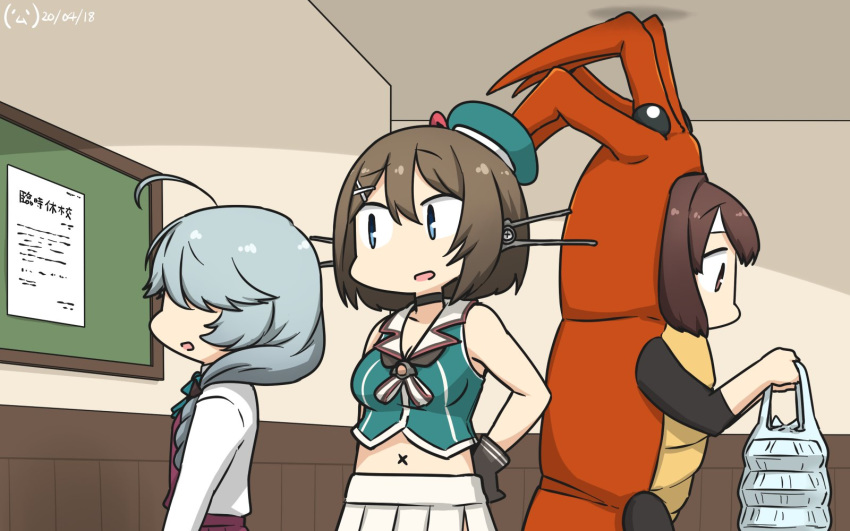 3girls, ahoge, alternate_costume, black_gloves, black_ribbon, blue_eyes, braid, breasts