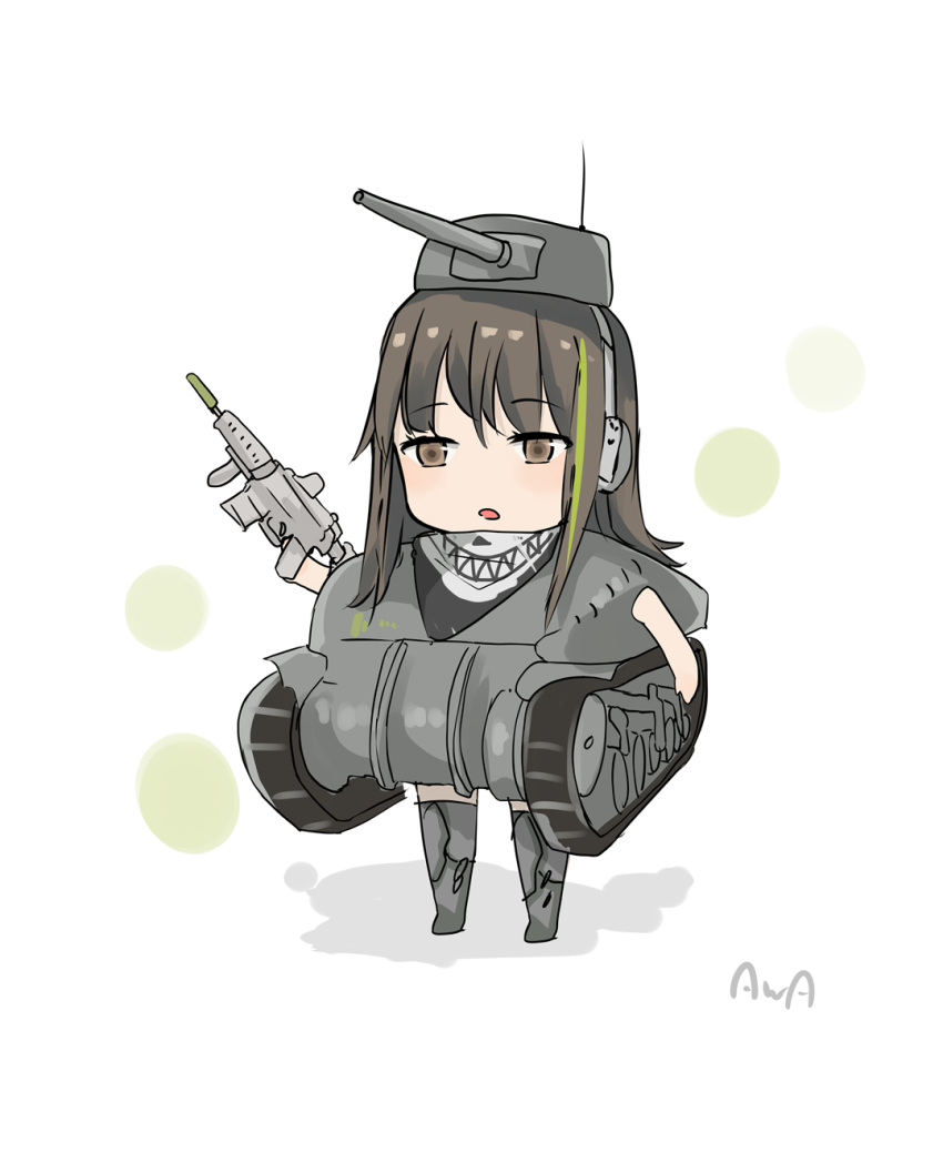 1girl, assault_rifle, brown_eyes, brown_hair, chibi, cosplay, full_body, girls_frontline, ground_vehicle, gun, headset, highres, holding, holding_weapon, long_hair, m4_carbine, m4_sherman, m4a1_(girls_frontline), military, military_vehicle, motor_vehicle, multicolored_hair, namesake, open_mouth, rifle, rotalasp, scarf, signature, solo, streaked_hair, tank, thigh-highs, turret, weapon, white_background
