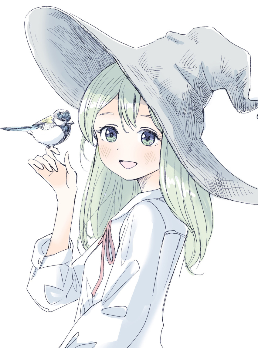 1girl, bird, commentary, green_eyes, green_hair, hat, highres, long_hair