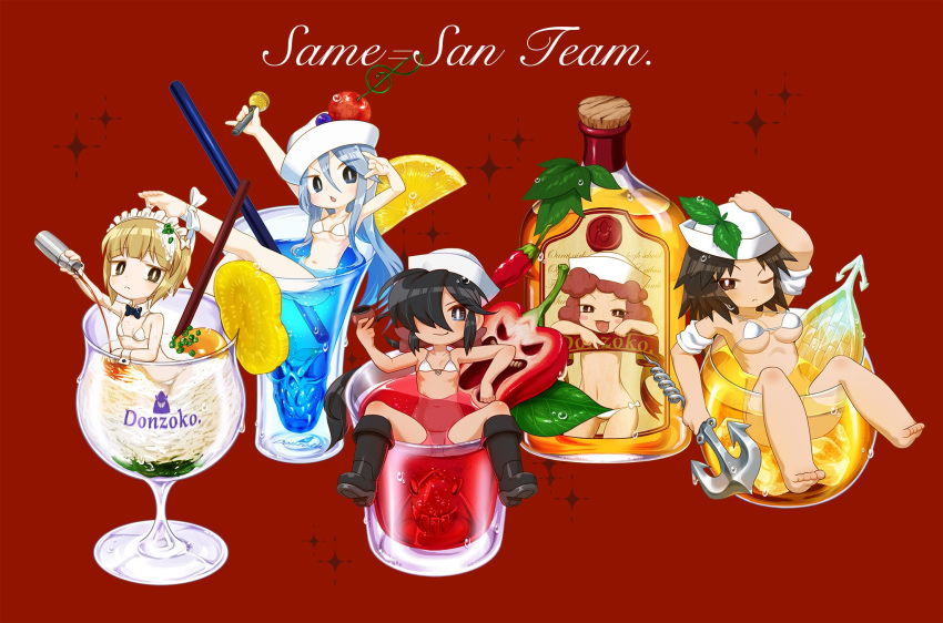 5girls, :3, :d, \n/, alcohol, anchor, anchor_symbol, ankle_ribbon