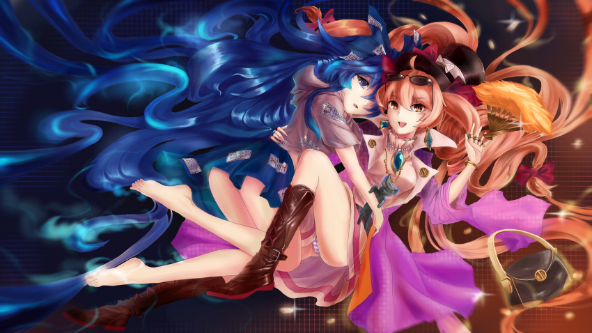 absurdres, antinomy_of_common_flowers, bag, barefoot, blue_bow, blue_eyes, blue_hair, blue_skirt