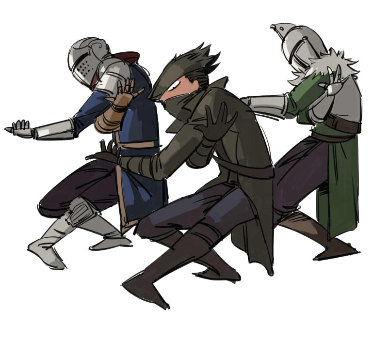 3boys, armor, assassin's_creed_(series), bearer_of_the_curse, bloodborne, boots, breastplate, brown_footwear
