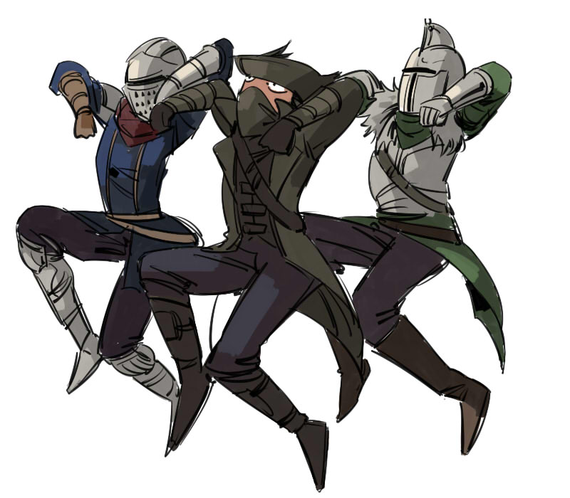 3boys, armor, assassin's_creed_(series), bearer_of_the_curse, bloodborne, boots, breastplate, brown_footwear