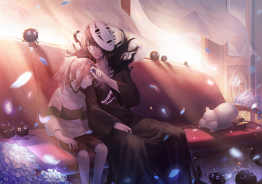 1boy, 1girl, akira_aishi, brown_hair, character_request, closed_mouth, kaonashi, mask