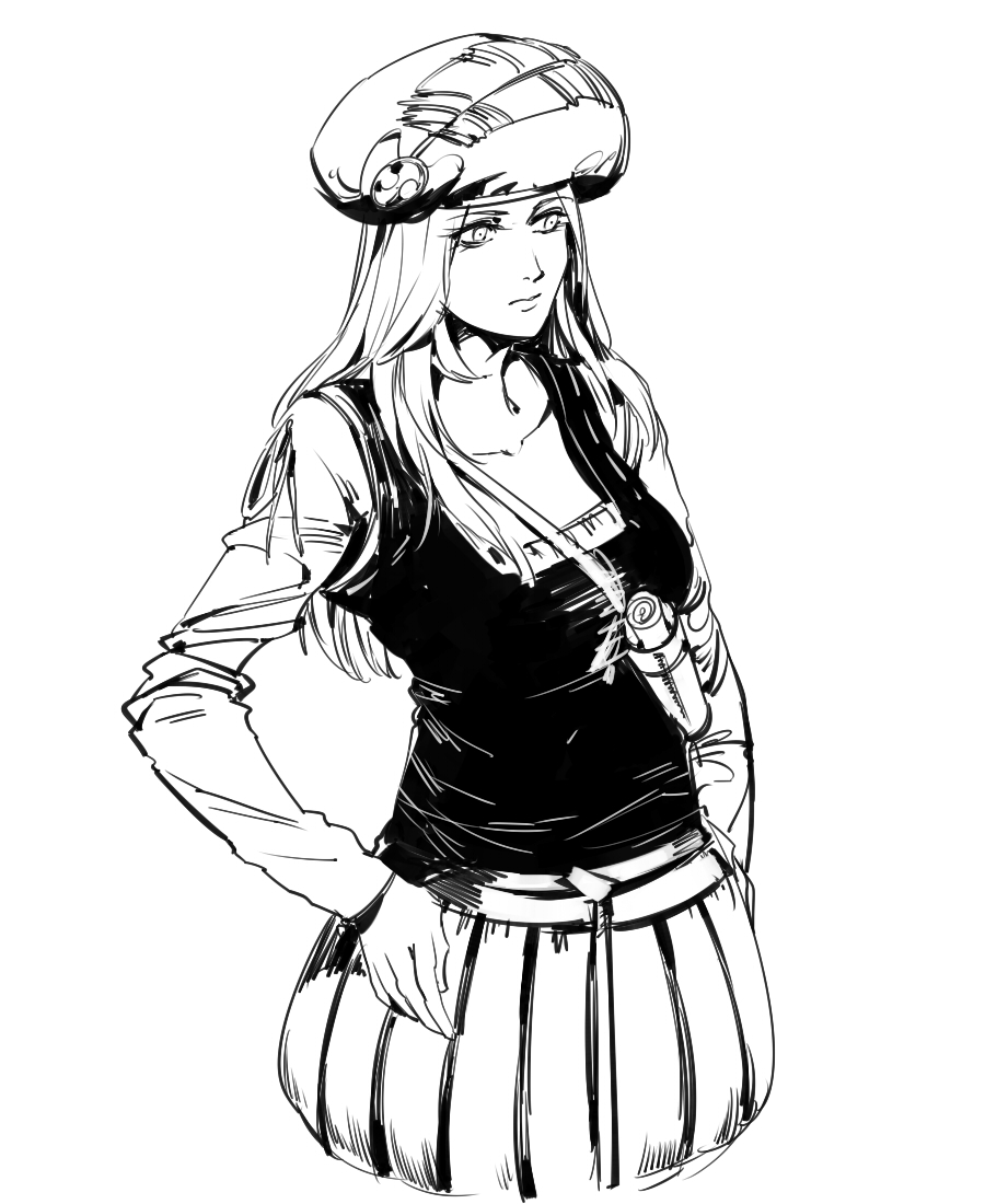 1girl, beret, closed_mouth, cowboy_shot, greyscale, hand_on_hip, hat, long_hair