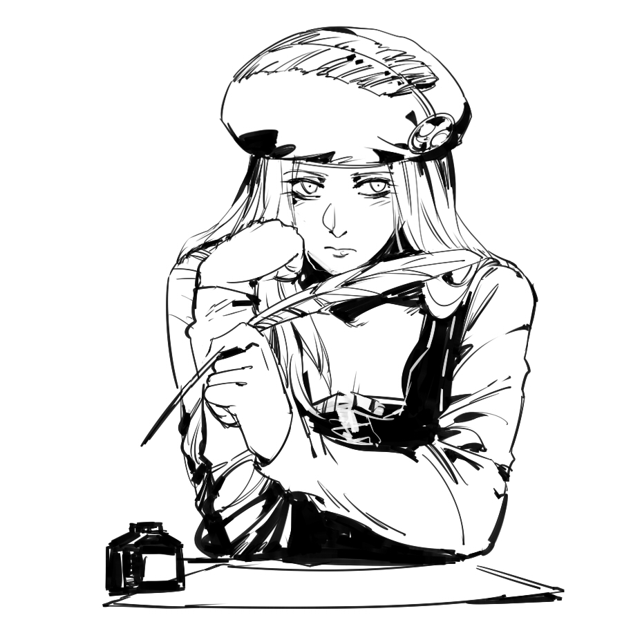 1girl, beret, closed_mouth, greyscale, hand_up, hat, holding, ink_bottle