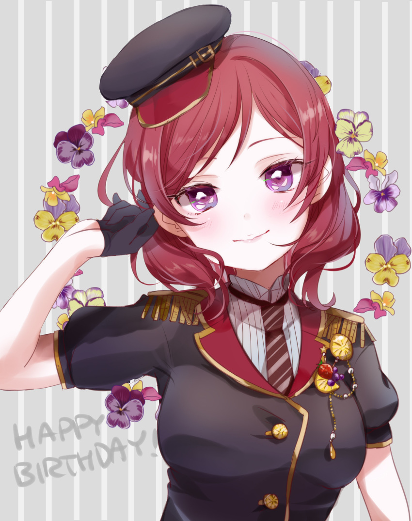 1girl, 299_(horisso), absurdres, black_gloves, black_neckwear, commentary_request, epaulettes, flower