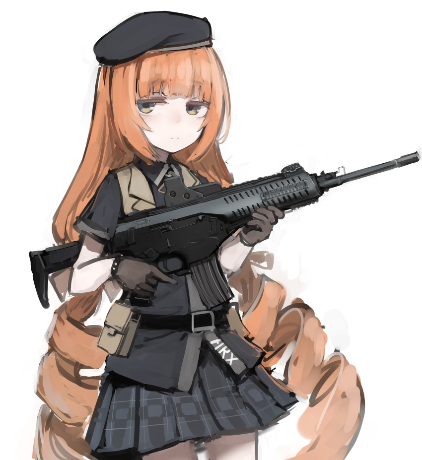1girl, arx-160, arx-160_(girls_frontline), belt, belt_pouch, beret, black_gloves, black_headwear