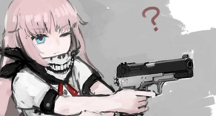 1girl, ?, black_scarf, blue_eyes, bren_ten_(girls_frontline), girls_frontline, grey_background, gun