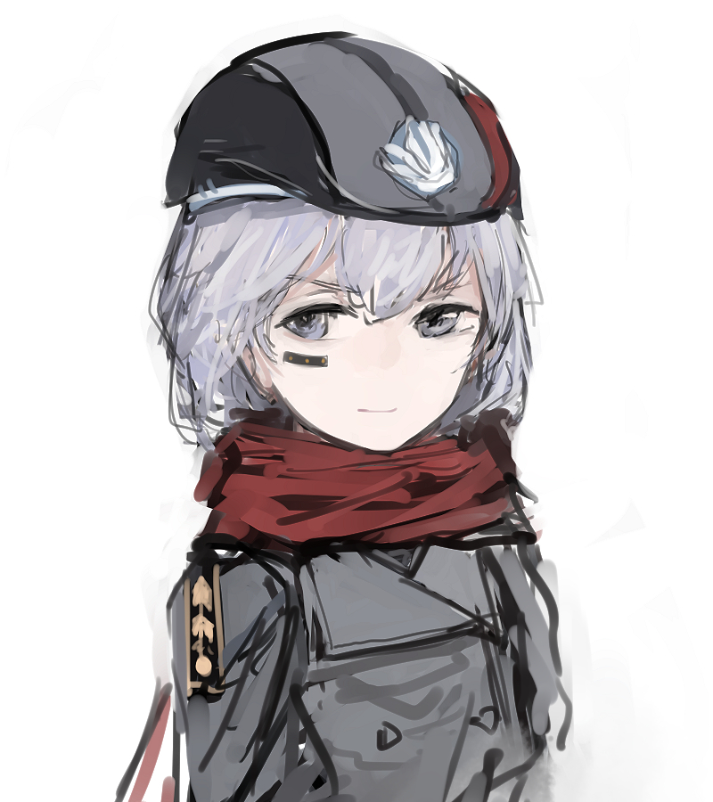 1girl, closed_mouth, coat, facial_mark, girls_frontline, grey_coat, grey_eyes, grey_hair