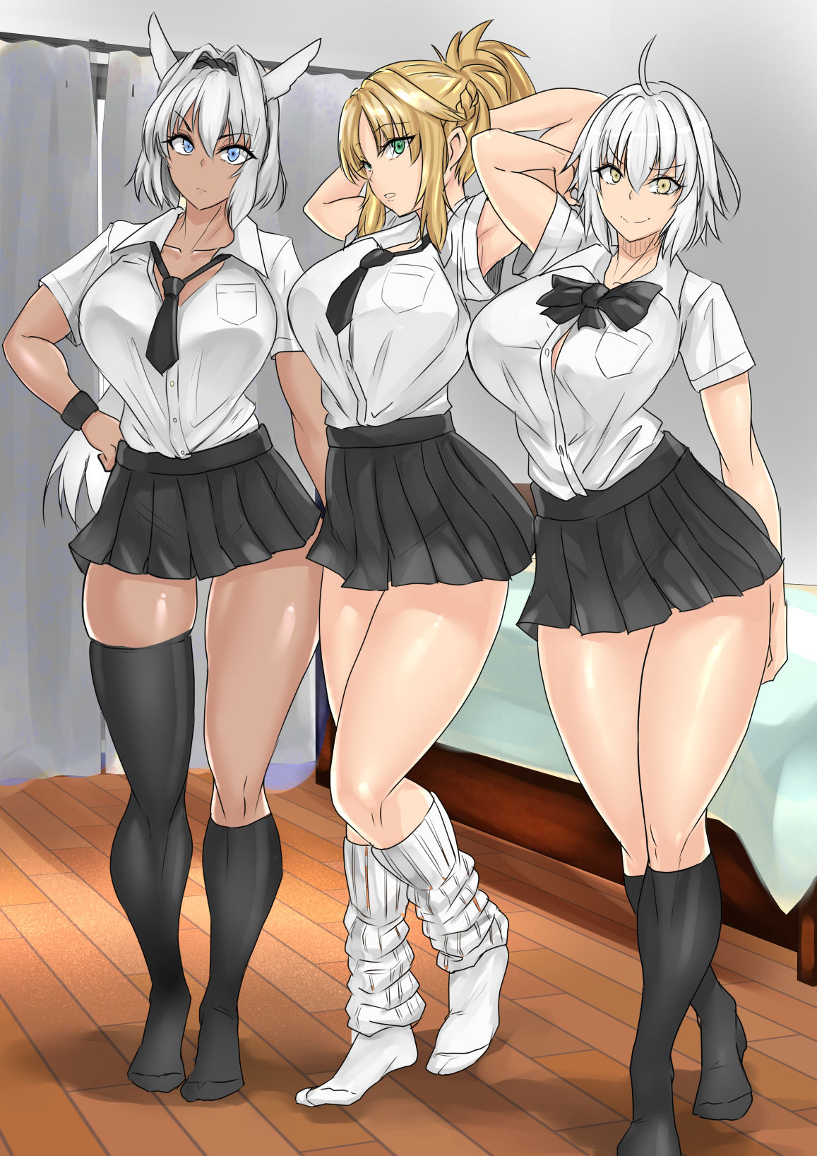 3girls, alternate_costume, arms_behind_head, blonde_hair, blue_eyes, breasts, caenis_(fate), contemporary