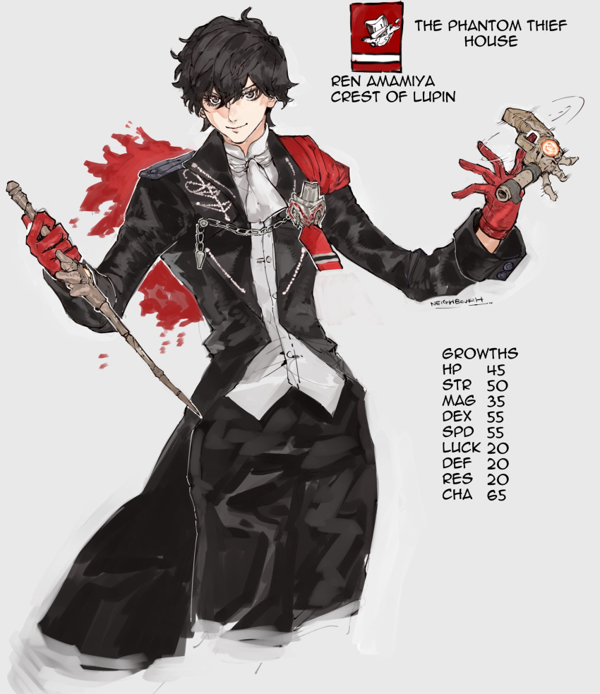 1boy, adapted_costume, amamiya_ren, capelet, chain, character_name, coat, cowboy_shot