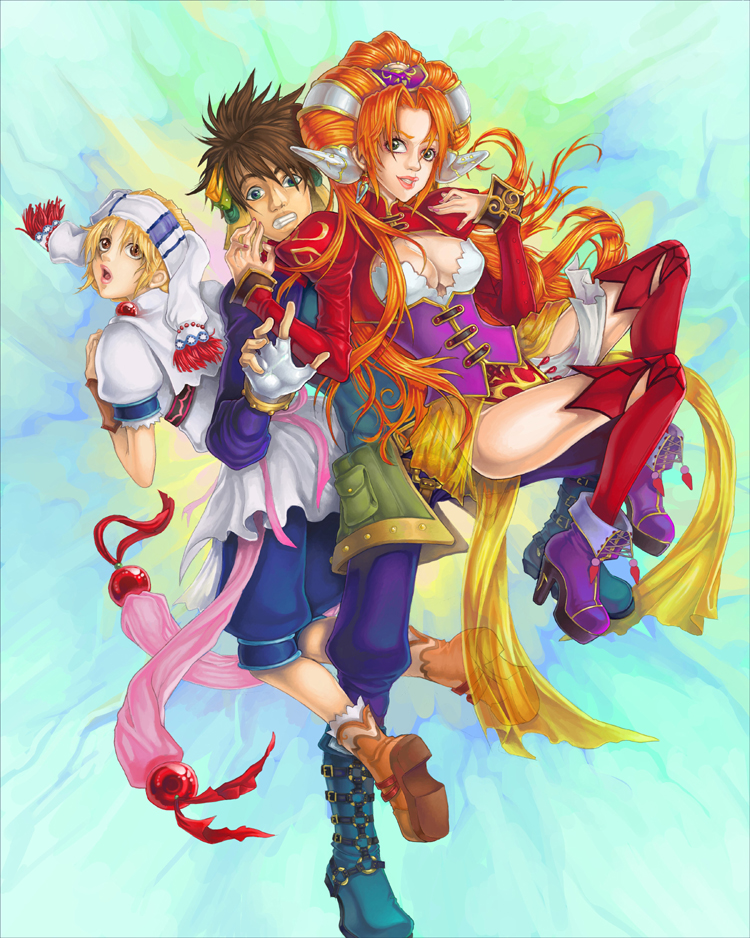 boots, breasts, brown_eyes, cleavage, corset, elena_(grandia), grandia, grandia_ii