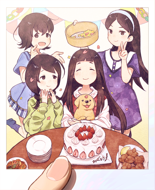 4girls, :d, bamboo_steamer, birthday, black_hair, blue_dress, child, closed_eyes, dog, dress, floral_print, food, fruit, goto_hime, green_sweater, hairband, kakushigoto, kitsuchi_riko, kobu_silvia, long_hair, mozuku_(mozuuru0323), multiple_girls, open_mouth, photo_(object), plate, purple_dress, short_hair, smile, standing, strawberry, streamers, string_of_flags, sweater, table, thumb, toumi_hina, white_hairband