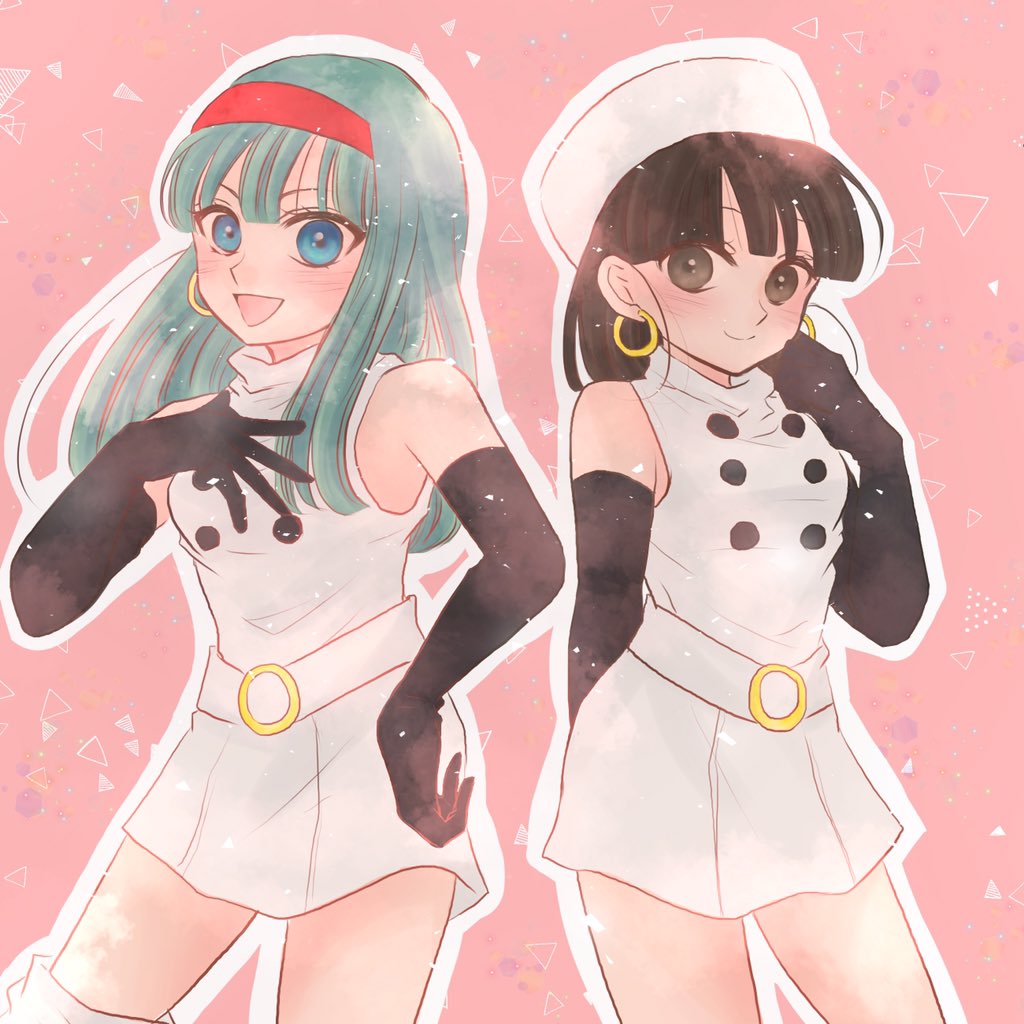 2girls, :d, alternate_costume, arm_behind_back, bangs, bare_shoulders, belt, beret, black_eyes, black_gloves, black_hair, blue_eyes, blue_hair, blunt_bangs, blush, boots, bra_(dragon_ball), breasts, closed_mouth, cowboy_shot, dragon_ball, dragon_ball_gt, dress, earrings, elbow_gloves, eyelashes, floating_hair, gloves, hairband, hand_on_hip, hand_on_own_chest, hand_on_own_face, hat, hoop_earrings, itodragonball, jewelry, legs_apart, light_particles, long_hair, looking_at_viewer, medium_breasts, multiple_girls, older, open_mouth, outline, pan_(dragon_ball), pink_background, red_hairband, short_dress, short_hair, simple_background, sleeveless, sleeveless_dress, small_breasts, smile, sparkle, standing, straight_hair, thigh-highs, thigh_boots, thighs, triangle, turtleneck, turtleneck_dress, white_dress, white_footwear, white_headwear, white_outline