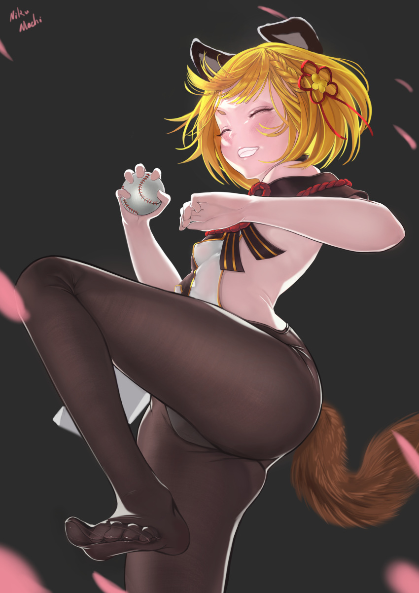 1girl, absurdres, animal_ears, baseball, black_legwear, blonde_hair, closed_eyes, dog