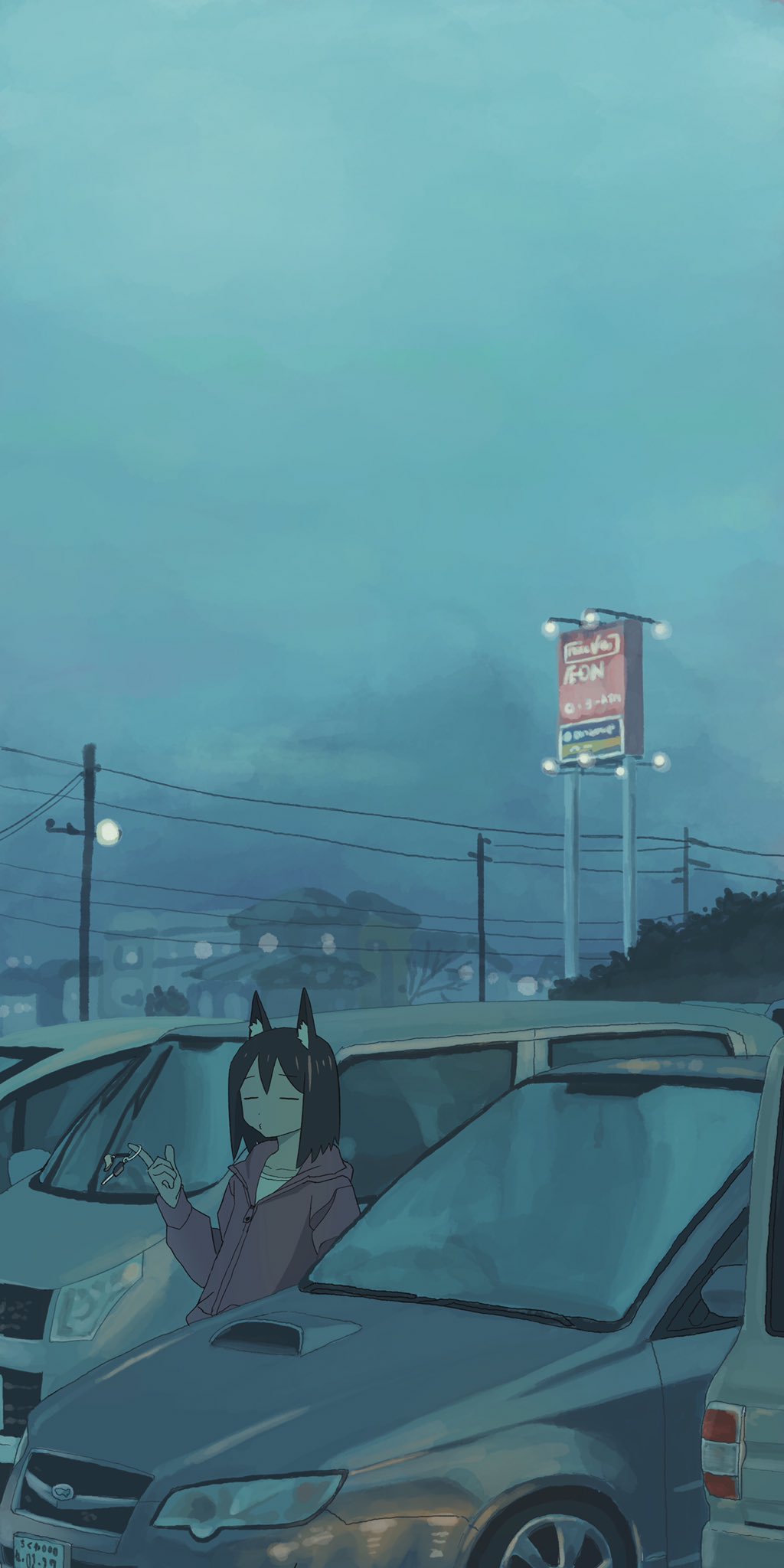 1girl, animal_ear_fluff, animal_ears, bangs, black_hair, car, car_keys, closed_eyes