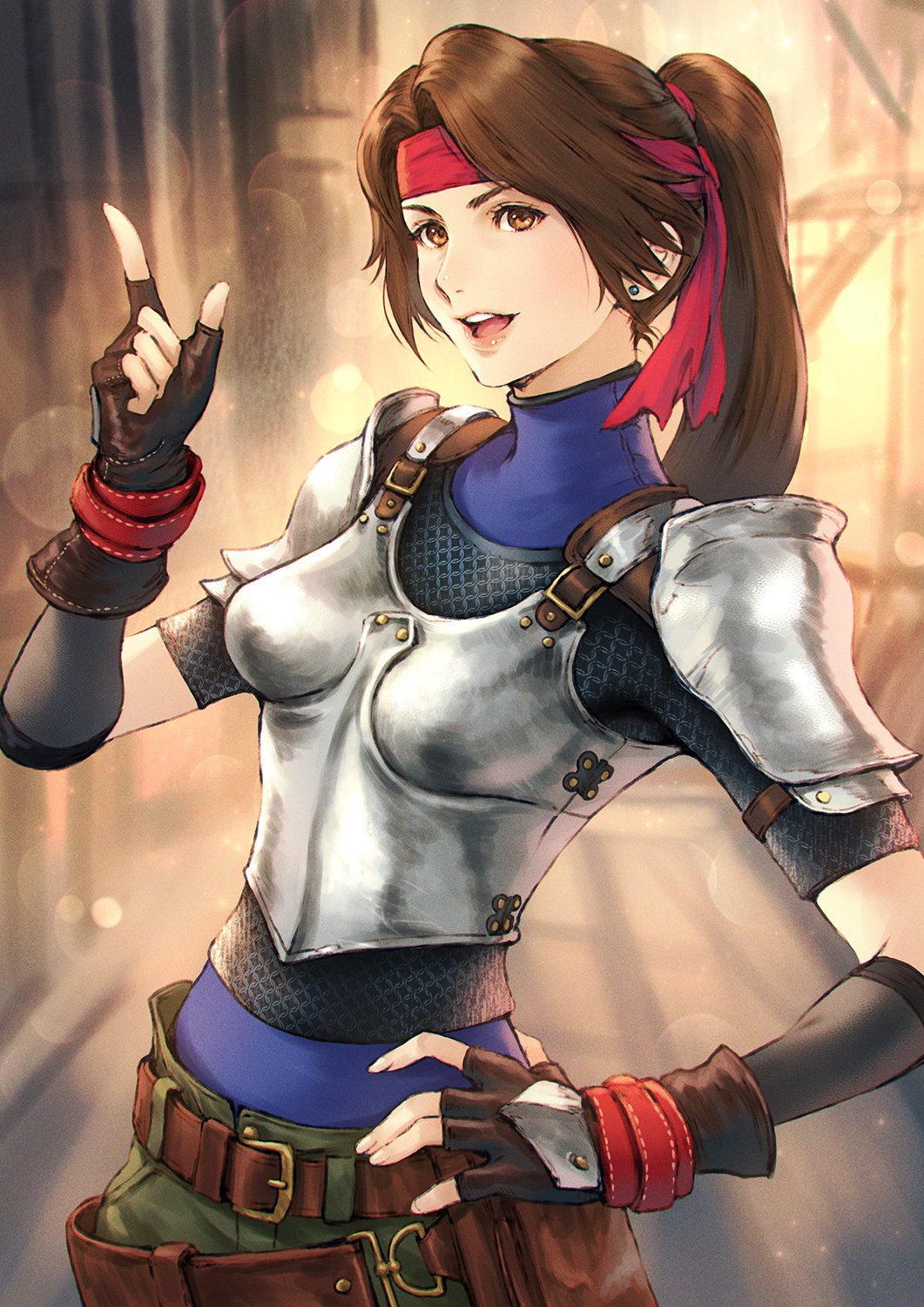 1girl, armor, belt, breastplate, brown_eyes, brown_hair, commentary_request, earrings