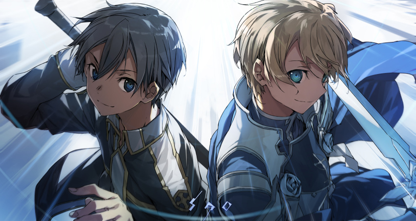2boys, abec, black_eyes, black_hair, blue_cape, blue_eyes, blue_rose_sword, body_armor