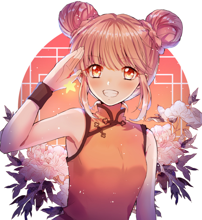 1girl, bangs, brown_hair, chinese_clothes, clenched_teeth, commentary_request, double_bun, eyebrows_visible_through_hair