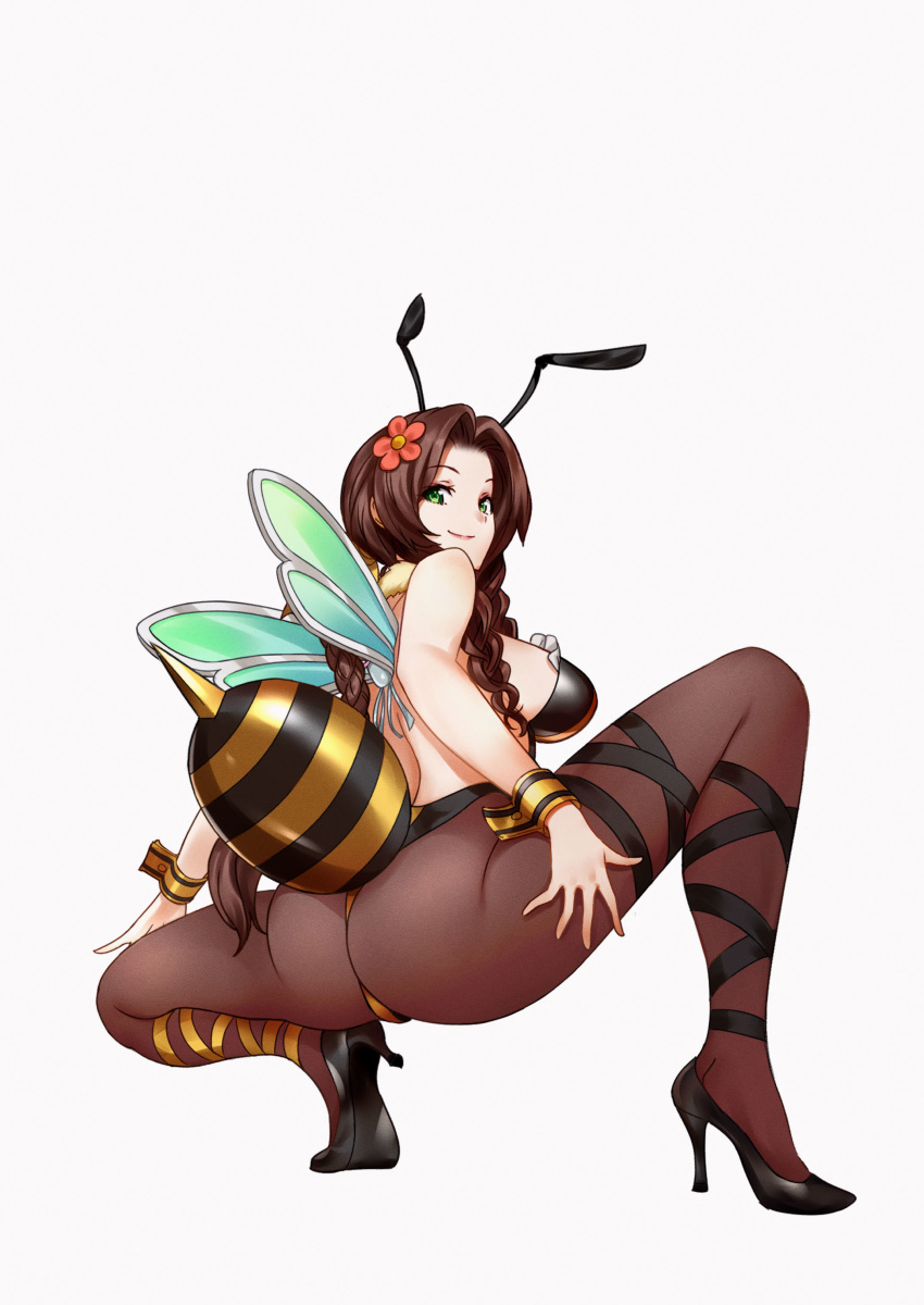1girl, absurdres, aerith_gainsborough, antennae, ass, bangs, bare_shoulders, bee_costume, braid, breasts, brown_eyes, closed_mouth, commentary_request, final_fantasy, final_fantasy_vii, final_fantasy_vii_remake, flower, from_behind, full_body, green_eyes, hair_flower, hair_ornament, high_heels, highleg, highleg_leotard, highres, leotard, lisp, long_hair, looking_at_viewer, looking_back, medium_breasts, pantyhose, parted_bangs, simple_background, single_braid, squatting, tabobox, tied_hair, wings, wrist_cuffs