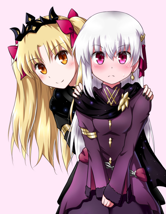 2girls, alternate_costume, bangs, black_dress, black_scarf, blonde_hair, blush, breasts