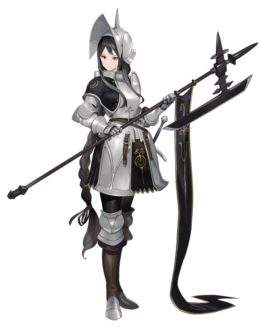 1girl, armor, banner, black_hair, boots, braid, braided_ponytail, breastplate, check_commentary, commentary, commentary_request, fantasy, full_armor, full_body, gauntlets, halberd, helmet, highres, keemu_(occhoko-cho), long_hair, original, plate_armor, polearm, red_eyes, simple_background, single_braid, solo, standing, very_long_hair, weapon, white_background