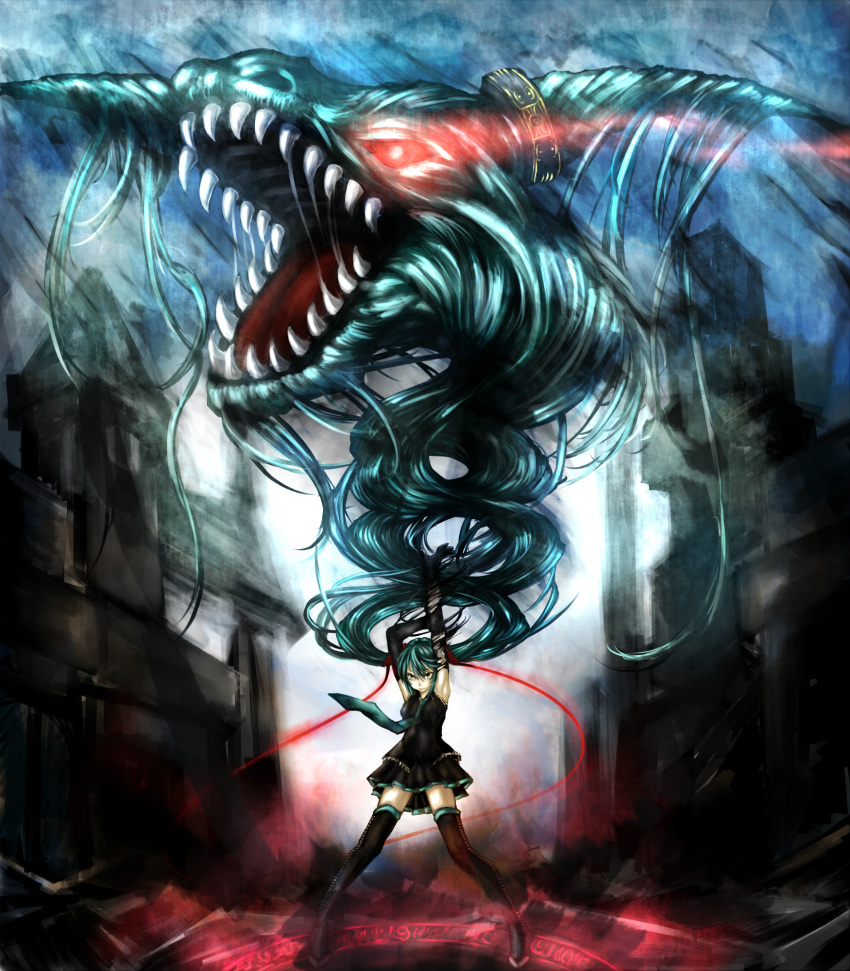 1girl, aqua_eyes, aqua_hair, arms_up, avavago_(parody), bayonetta, detached_sleeves, dragon