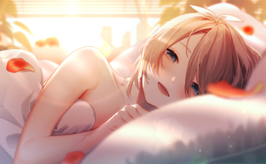 1girl, blanket, blonde_hair, bloom, blue_eyes, blush, hair_between_eyes, highres
