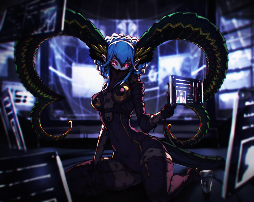 1girl, big_hair, black_gloves, black_leotard, blue_hair, bodysuit, boots, breasts
