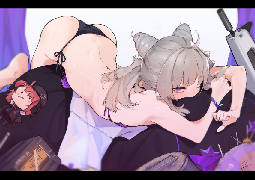 1girl, aa-12, aa-12_(girls_frontline), ass, back, bikini, black_bikini, blue_eyes