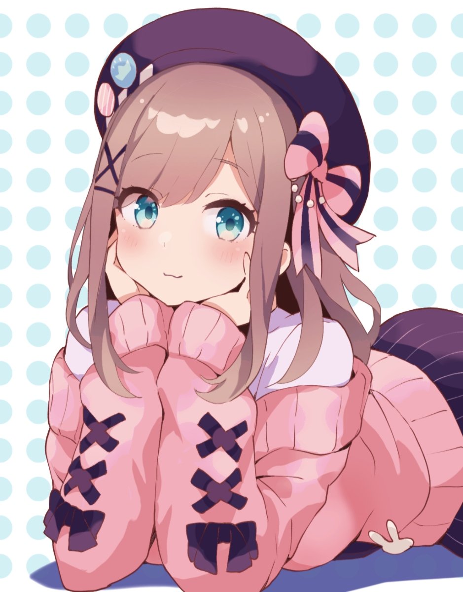 1girl, :3, badge, beret, black_ribbon, blue_eyes, blush, bow