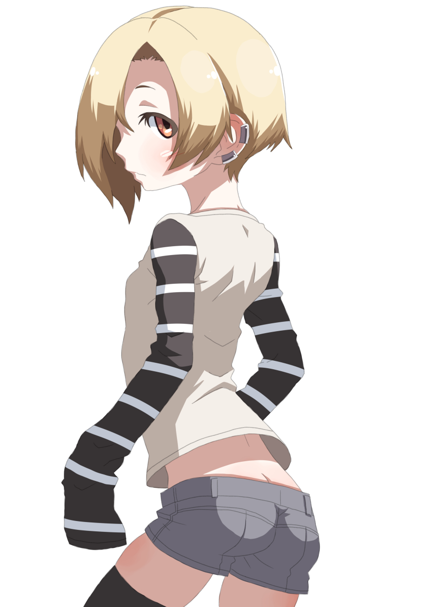 1girl, ass, black_legwear, blonde_hair, earrings, from_behind, hair_over_one_eye, highres