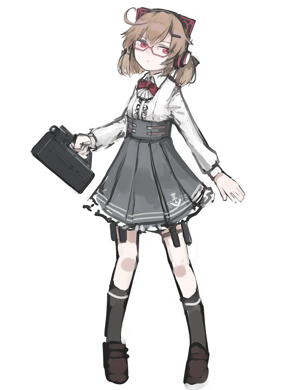 1girl, ahoge, black_legwear, bow, bowtie, breasts, brown_footwear, brown_hair