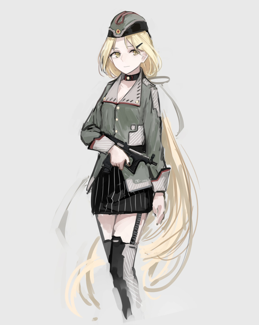 1girl, absurdly_long_hair, beige_background, black_skirt, blonde_hair, buttons, choker, closed_mouth