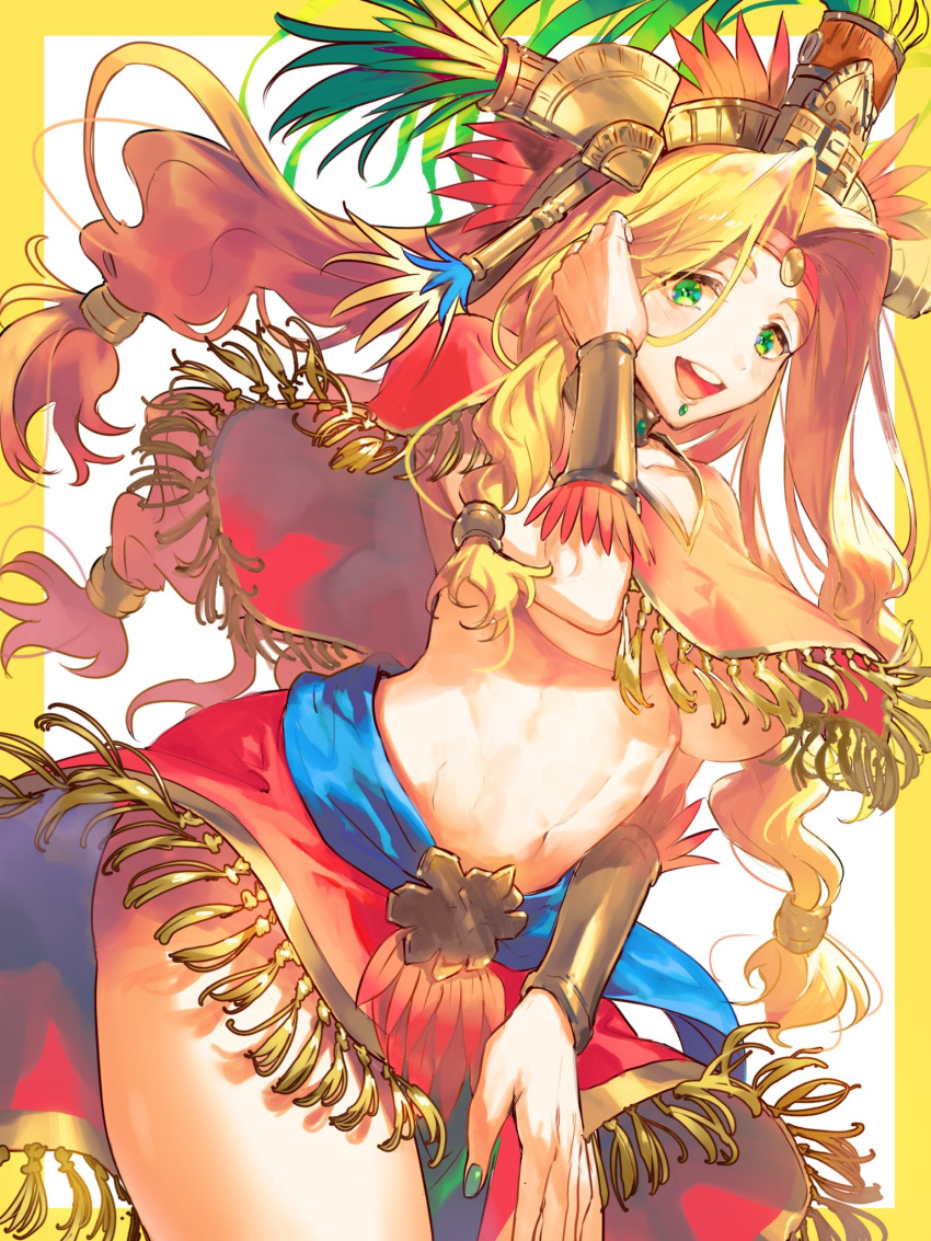1girl, blonde_hair, border, breasts, circlet, fate/grand_order, fate_(series), green_eyes