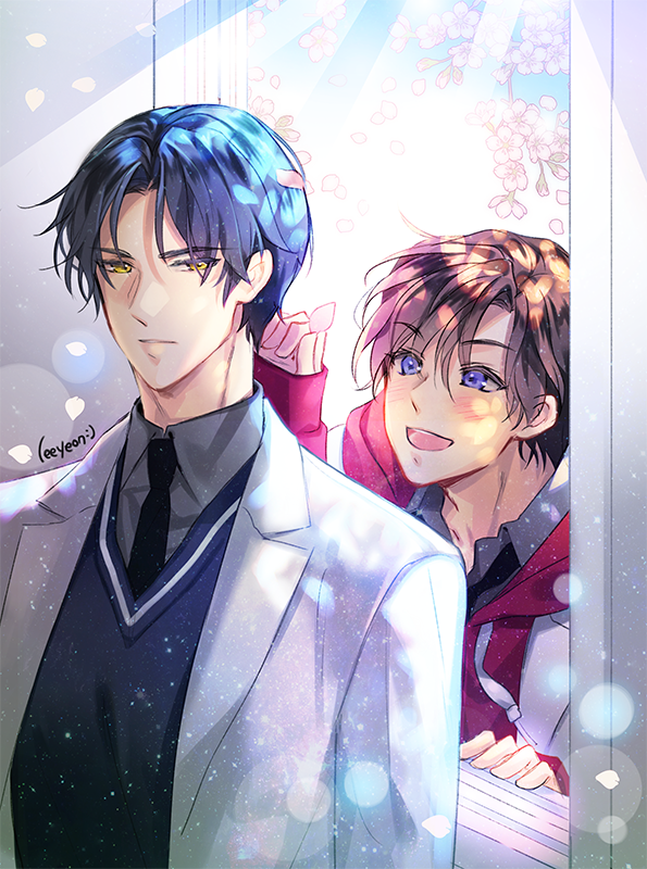 2boys, :d, alternate_hair_length, alternate_hairstyle, black_neckwear, blue_eyes, blush, brown_hair