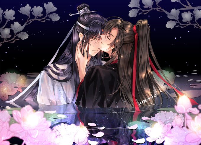 2boys, blonde_hair, elemental, hair_ribbon, hand_up, headband, kiss, long_hair